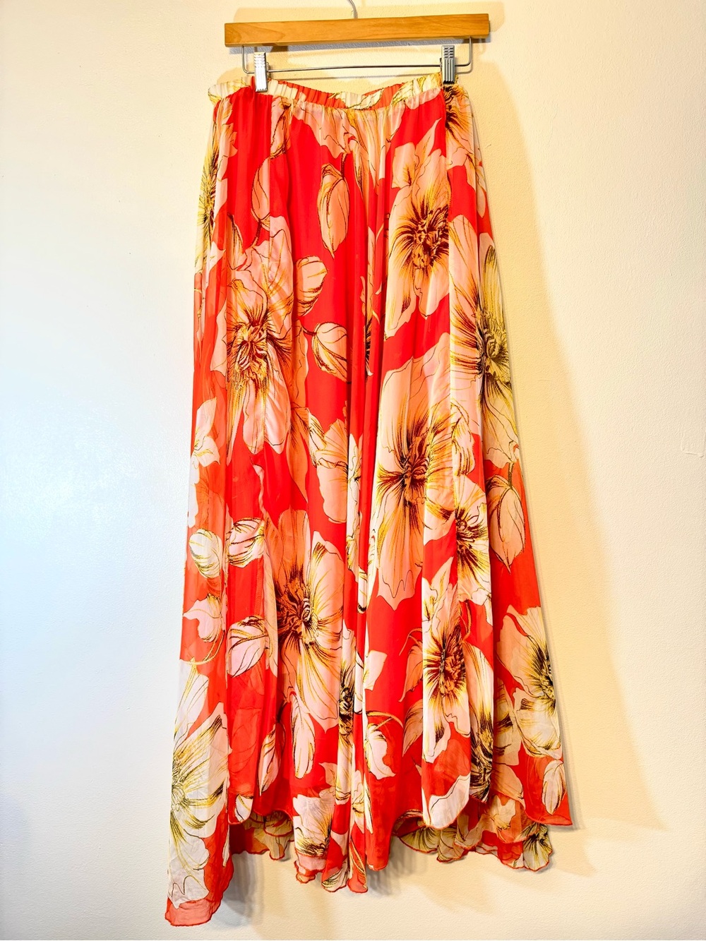 Flowy Floral Maxi Skirt - Coral Orange with Ivory Flowers